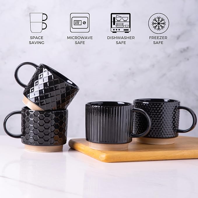 GBhome 15OZ Stackable Coffee Mugs, Ceramic Coffee Mugs with Texture Patterns for Man,Woman,Dad,Mom, Modern Coffee Cups Set of 4 for Latte/Cappuccino/Cocoa. Dishwasher&Microwave Safe，Black