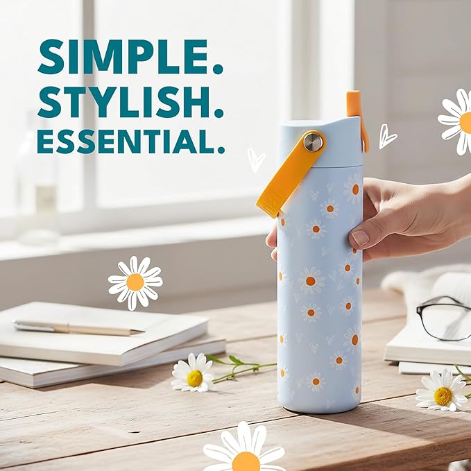 Elemental 24oz Insulated Water Bottle with Straw - 100% Leak-Proof Stainless Steel Core Water Bottles for Travel, Sports and Gym - Double Wall Insulation & BPA Free - Daisy Daydream