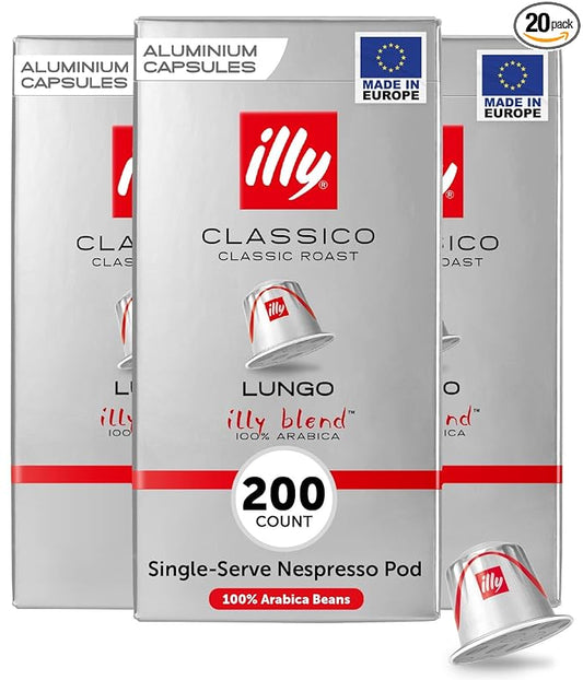 illy Espresso Compatible Capsules, Coffee Pods for Nespresso Original Line Machine, Classico Lungo Medium Roast, 100% Arabica, Premium Italian Coffee, Single Serve, 10 Count, 20 Pack
