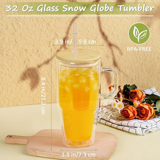 32 Oz Glass Snow Globe Tumbler Cup With Handle, Pre-Drilled Double Wall Glass Coffee Mug For Snow Globe Diy Glitter