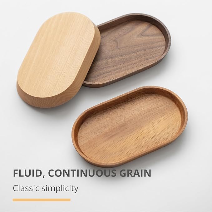 Mini Serving Trays for Parties, Small Decorative Tray for Tea＆Coffee, Oval Wooden Plates for Serving Food for Appetizer＆Vegetables for Bathroom 7.8"×4.6" (Walnut, Set of 2)