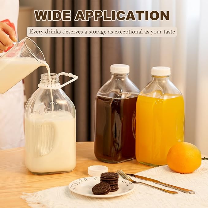 Glass Milk Jugs Containers - Half Gallon Juice Bottles with Airtight Screw Cap and Handle for Milk, Breastmilk, Iced Tea, Cold Water, 64OZ Pitcher Set of 3
