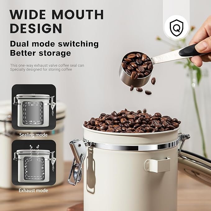 Airtight Coffee Container with Date Tracker & Spoon - Kitchen Storage Jar for Coffee Grounds, Cereal, Beans, Sugar (Black, 16OZ)