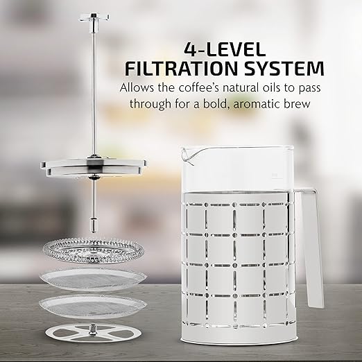 OVENTE French Press Coffee Maker 34 Ounce with Heat Resistant Borosilicate Glass, Stainless Steel Design and 4-Level Filter System, Portable Cold Brewer Pot for Travel, Camping or Gift, Silver FSS34P
