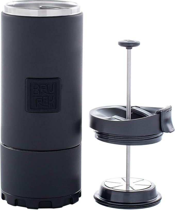 BruTrek OVRLNDR Travel Coffee French Press, 24 fl.oz Capacity, Double Wall Vacuum Insulated, Easy To Clean Removable Bottom, No Spill Lid, On The Go Coffee Brewing (Obsidian)