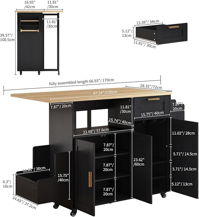 Rolling Mobile Kitchen Island with Storage and Drop Leaf on Wheels, 67" Desk Island for Kitchen with Power Socket and Drawer, Mobile Portable Carts with Spice Rack and Towel Rack (Black, Model 3)