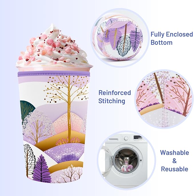 Iced Coffee Sleeve Reusable Cup Sleeves for Cold Drinks Neoprene Koozie Cozy Plastic Cup Covers for Drinks, Boho