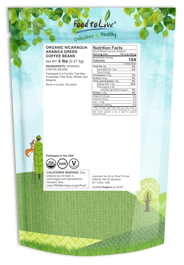 Food to Live Organic Nicaragua Arabica Green Coffee Beans, 5 Pounds – Whole, Unroasted, Washed Bean. Fresh Crop. No-GMO, Vegan, Bulk