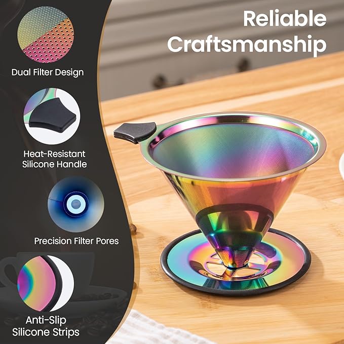【2.0 Upgraded】 Stainless Steel Pour Over Coffee Filter, Paperless Reusable Coffee Dripper With Non-Slip Ring&Handle, Easy-to-Use and Easy-to-Clean Design, Large Size (1–6 Cup)
