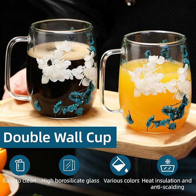 Dried Flowers Double Wall Insulated Coffee Mug, Borosilicate Glass Tea Cup with Real Flower Embedded, Heat Resistant Handle for Valentine's Day Birthday Gifts (blue,8.45oz)