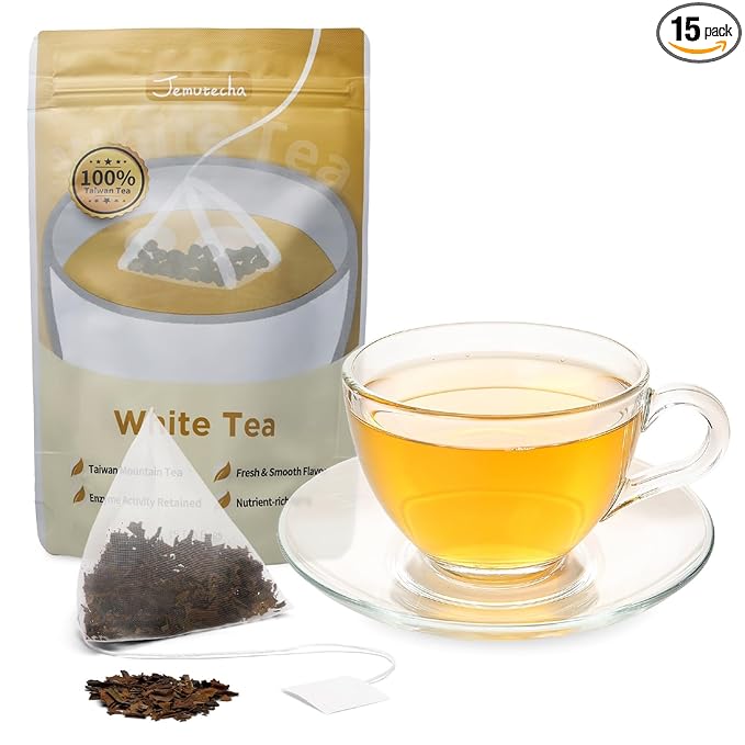 Jemutecha Organic White Tea 15 Tea Bags, 100% Pure Handpicked Award-Winning Tea, Clean & Smooth Taste, Caffeinated, Non-GMO, Premium Taiwanese Asian Tea, Rich in Theanine for Everyday Wellness