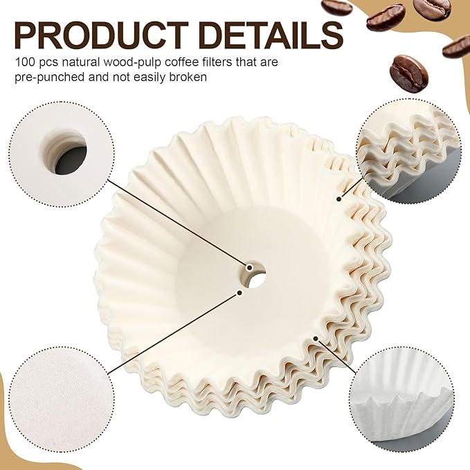 Feifeiya 100 Pcs Pre-punched Holes Coffee Filters for 30cup 45cup 100 Cup Coffee Urn Brewing Basket & Hot Beverage Dispenser Disposable Natural Wood Pulp Paper Filters with Tall-sided Design(White)