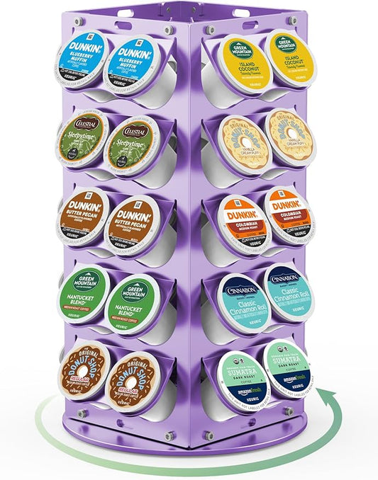 K Cup Holder, Coffee Pod Holder for Keurig - 360° Rotating Aluminum Coffee Organizer for Countertop,Saving Design with Anti-Slip Base for Kitchen or Office,Capacity of 40 Pods,Purple