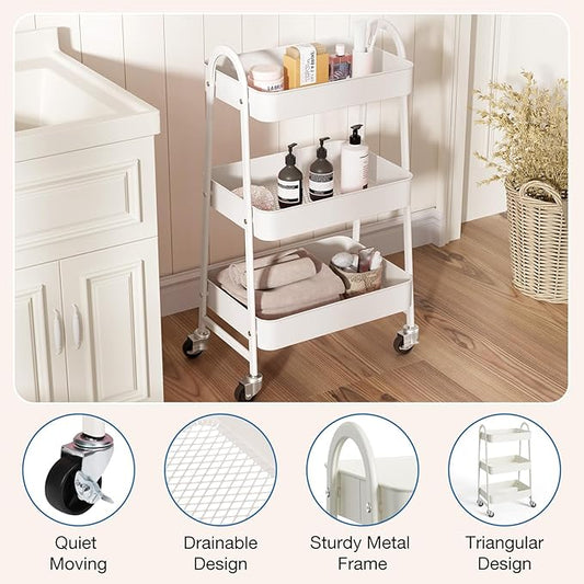 OLIXIS 3 Tier Utility Rolling Cart, Metal Mobile Storage Shelf with Lockable Caster Wheels, Organization for Livingroom, Bathroom & Narrow Places, White