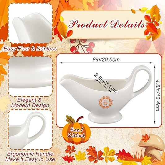 Bokon 2 Pack Thanksgiving White Gravy Boat 8 oz Sauce Boat White Ceramic Sauce Jug with Smooth Handle Creamer Pitcher for Salad Dressing Milk Broth Microwave Dishwasher Safe for Festive Gatherings