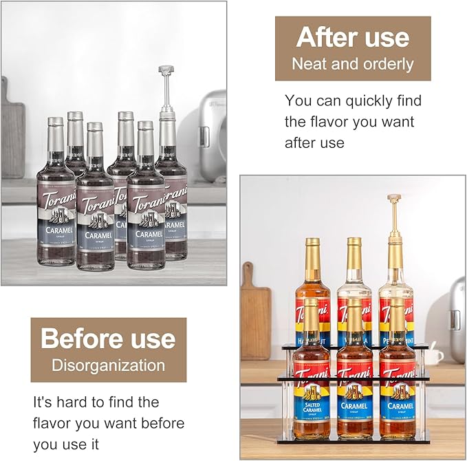ODPEOZT Acrylic Coffee Syrup Organizer, 2 Tier Coffee Syrup Rack (6 Bottle Capacity), Syrup Bottle Holder Stand for Coffee Bar, Kitchen Countertop Syrups, Condiments and Wine (Black)