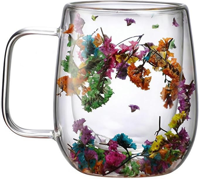 Dried Flowers Double Wall Insulated Coffee Mug, Borosilicate Glass Tea Cup with Real Flower Embedded, Heat Resistant Handle for Valentine's Day Birthday Gifts (pink,13.19oz)