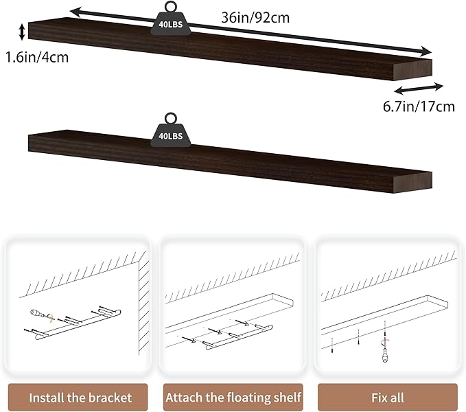 36 inch Walnut Bathroom Shelves,Long Floating Shelves for Wall,Solid Wood Long Shelves Set of 2,Kitchen Wall Mounted Shelf (Walnut, 36 Inch)
