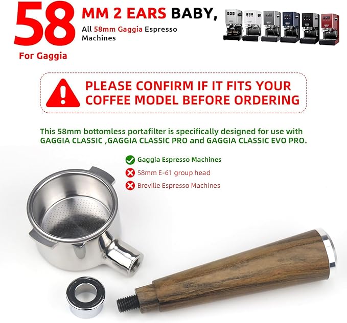 58mm Bottomless Portafilter,Stainless Steel Portafilter 2 Ears for 58-Gaggia Machines-Not suitable with E61 groupheads,with Walnut Handle & Filter Basket(58mm compatible withGaggia/2 Ears)