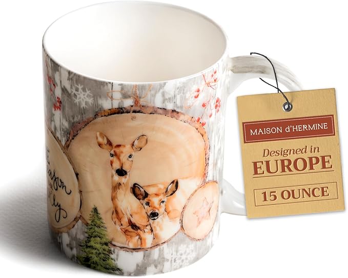 Maison d' Hermine Coffee Mug with Handles Fine Bone China Mugs Pack of One Tea Cups for Hot Beverages Cappuccino Latte Home Restaurant Office Perfect for Gift (Mountain Life - Winteralp, 15 Ounce)