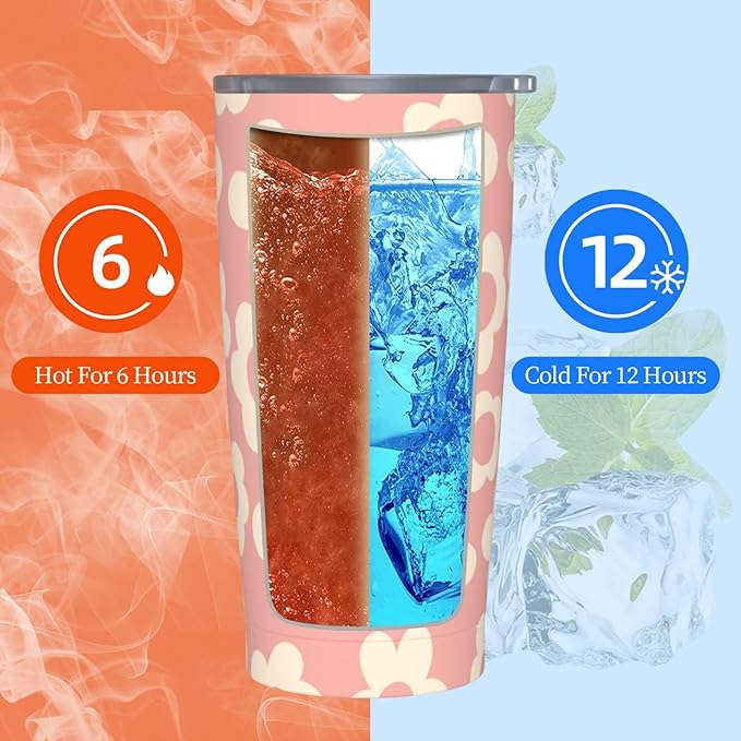 Vintage Groovy Flowers 20oz Stainless Steel Insulated Tumblers Travel Mug Cup Leakproof Gift For Men Women Hot & Cold Drinks Splash-Proof Lid Metal Straw and Brush