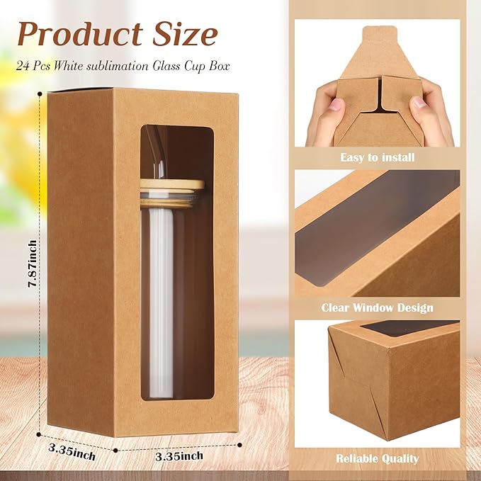 Honoson 24 Pcs Tumbler Gift Box with Ribbon for Sublimation Glass Exhibition Boxes Transparent for 12oz 16oz 20oz Drinking Cup Glasses Jars Mug Can Blanks(Brown)