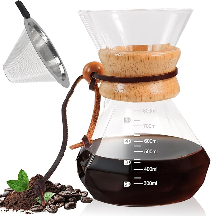 Pour Over Coffee Maker 800ml 27.1oz Glass Drip Coffee Maker with 304 Stainless Steel Filter High Borosilicate Glass Duckbill Spout Solid Wood Handle Pour Over Coffee Dripper for Daily Brewing
