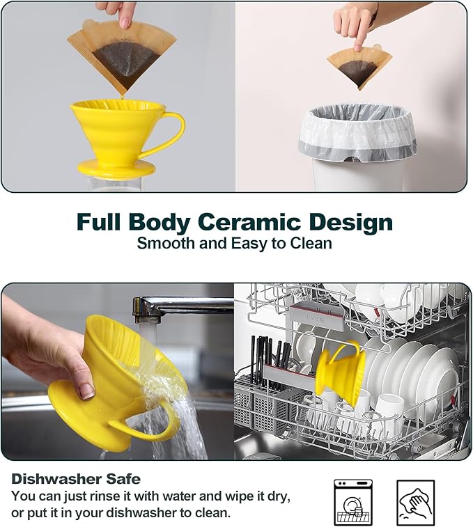 Pour Over Coffee Dripper - Ceramic Cup, Pour Over Coffee Maker Cone, Porcelain Cone, Easy Manual Brew Maker - Strong Flavor Brewer for Home, Cafe, Office - 1-4Cup, V60 Size 02 (Bright Yellow)