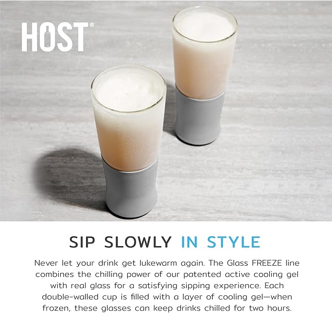 Host Glass FREEZE Double Wall Insulated Beer Glasses, 16oz Set of 2 in Gray