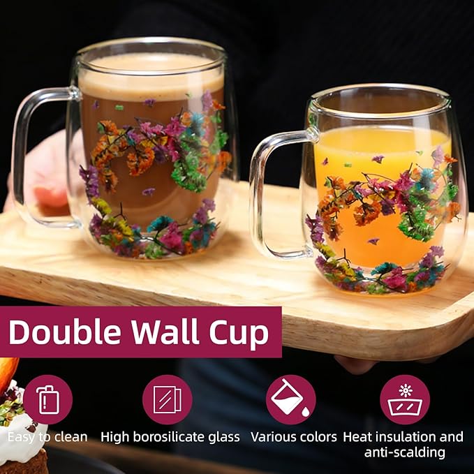 Dried Flowers Double Wall Insulated Coffee Mug, Borosilicate Glass Tea Cup with Real Flower Embedded, Heat Resistant Handle for Valentine's Day Birthday Gifts (pink,13.19oz)