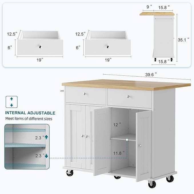 Shintenchi Kitchen Island with Drop Leaf, Rolling Kitchen Cart with Storage on Wheels, Table Bar Cart for Kitchen with Towel Rack & Seating Area for Dining Room, White