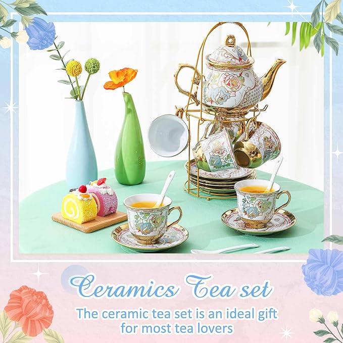 Zhehao 20 Pcs Porcelain Tea Set with Metal Holder and Spoon Adult Ceramic Tea Set European Flower Painting Teapot Cup Saucer Spoon for Women, Large Version(Minimalist Style)