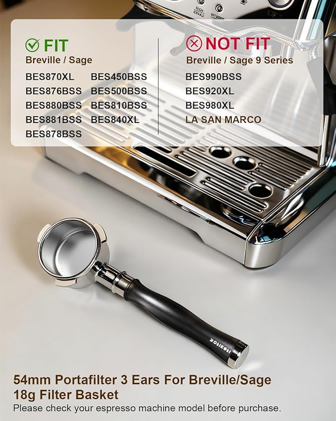 54mm Bottomless Portafilter, 3 Ears Bottomless Naked Portafilter Compatible with Breville/Sage Barista Express BES870/876/878/880/881/450/500/810/840, with Puck Screen and 18g Filter Basket