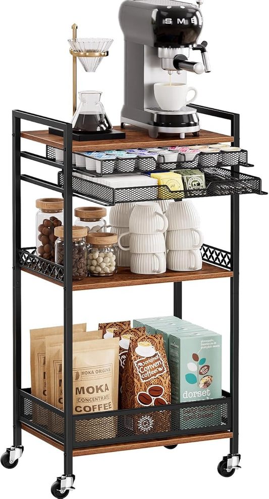 K Cup Holder Cart, Coffee Station Organizer for Nespresso Vertuo Capsule and K Cup Capsule, Multi-Functional Coffee Bar Cart Accessories Organizer with Wheels for Living Room, Kitchen