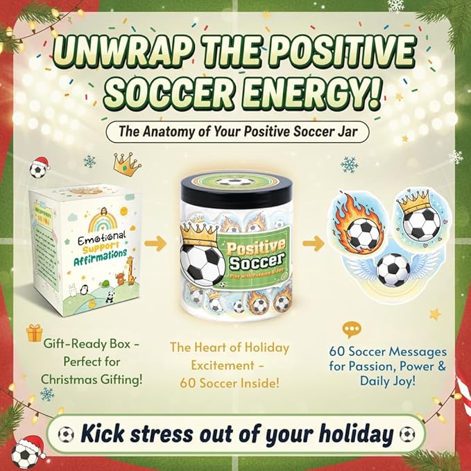 Positive Soccer Jar with 60 Affirmation Cards, Emotional Support Gift, Soccer Coach Gift, Funny Soccer Gifts for Men, Birthday or Christmas Gifts, Inspirational Home and Office Decor