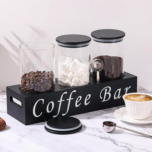 ZOMUIA Glass Coffee Containers Airtight Coffee Bean Storage Jars with Shelf, 3Pcs 44oz Coffee Station Organizer Coffee Canisters, Kitchen Food Storage Jars for Sugar, Candy, Oats, Nuts (BLACK)