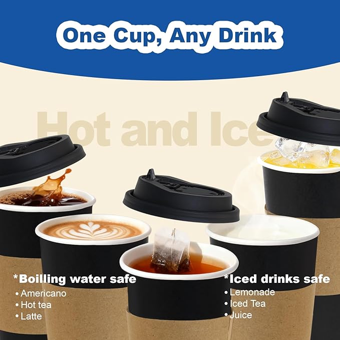 Coolcap 12 oz 500 Pack Coffee Cups with Lids and Sleeves, Straws, Hot Disposable To Go Travel Paper Cups Bulk for Office, Home Coffee Bar Accessories, Chocolate, Cocoa, Beverage (Black)