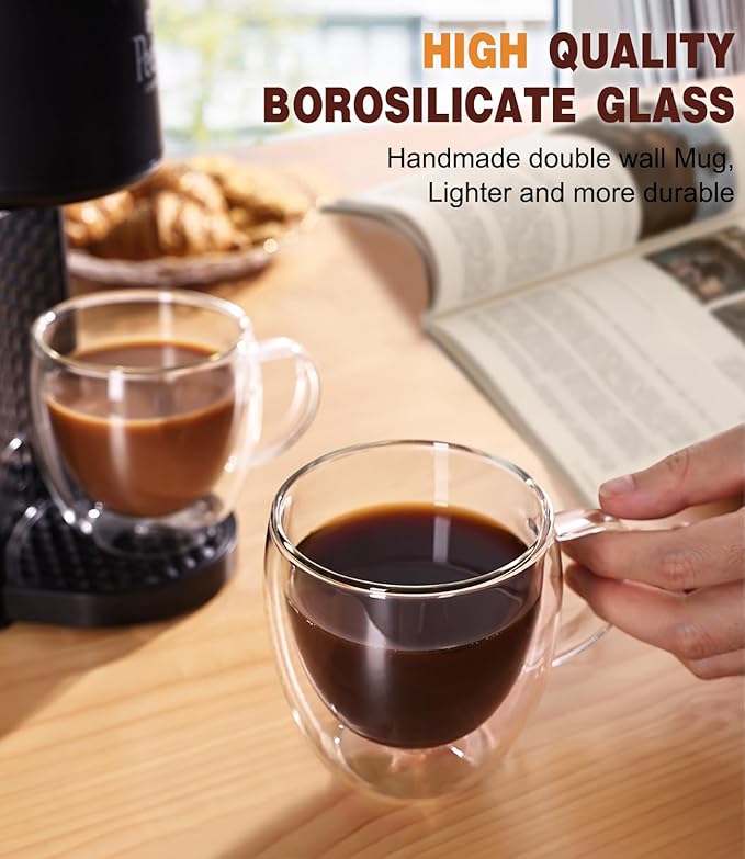 Espresso Cups Set of 4,5oz Hand Blown Double Walled Insulated Espresso Coffee Mugs with Handle,Perfect for Cappuccino, Latte, Tea, Clear Glass Espresso Shot Cups Suitable for Coffee