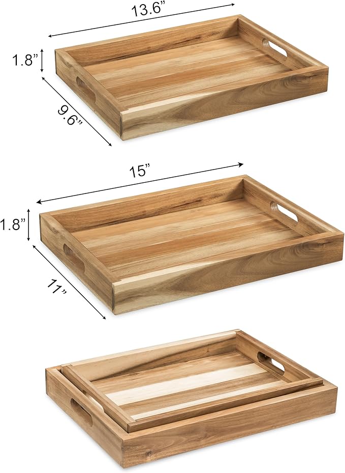 item_name: VICTORY RELAX Natural Acacia Wooden Rectangular Serving Tray with Handles, Set of 2 (15"x11" & 13.6"x 9.6"), Large Tray for Ottoman, Breakfast in Bed, Dinner, Coffee Table Decor & Kitchen