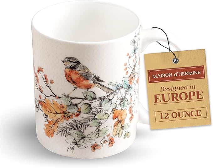 Maison d' Hermine Coffee Mug with Handles Fine Bone China Mugs Pack of One Tea Cups for Hot Beverages Cappuccino Latte Home Office Perfect for Gift (Whitish Shabby Chique - Winter Berries, 12 Ounce)