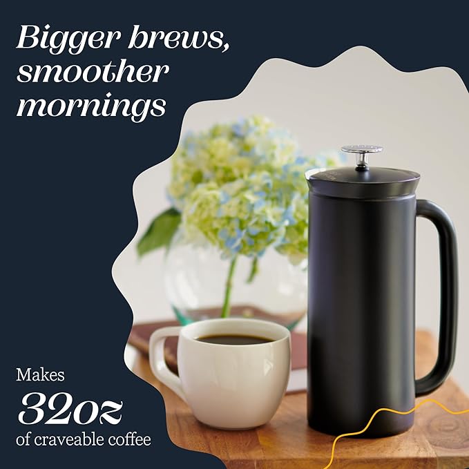 ESPRO P7 French Press Stainless Steel 304 – Patented Double Walled Micro-Filter Insulated French Press Coffee Maker, Grit-Free Brew - Heat Resistant BPA Free Coffee Maker - Matte Black (32oz)