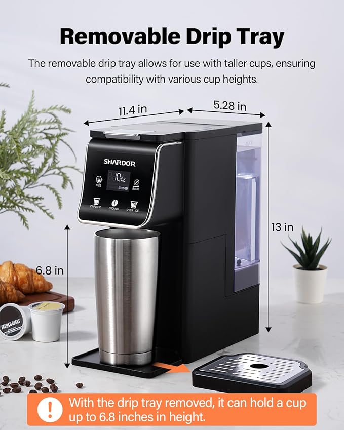 SHARDOR Coffee Maker Hot & Iced With Bold Setting,Single Serve Coffee Maker For K Cup And Grounds，52 Oz Removable Water Tank,6-14 Oz Brew Sizes,One Cup Kcup Coffee Machine With Reusable Filter, Black