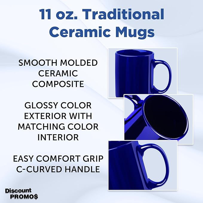 DISCOUNT PROMOS Ceramic Coffee Mugs 11 oz. Set of 10, Bulk Pack - Coffee cup set, Iced coffee cup, Gaming mug - Cobalt Blue