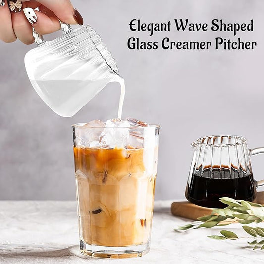 Loscarol 2 Pcs Small Glass Pitcher - Elegant Wave Shaped Creamer Pitcher for Coffee, Milk, Tea, 6 oz Milk Frothing Cup Creamer Jug for Kitchen