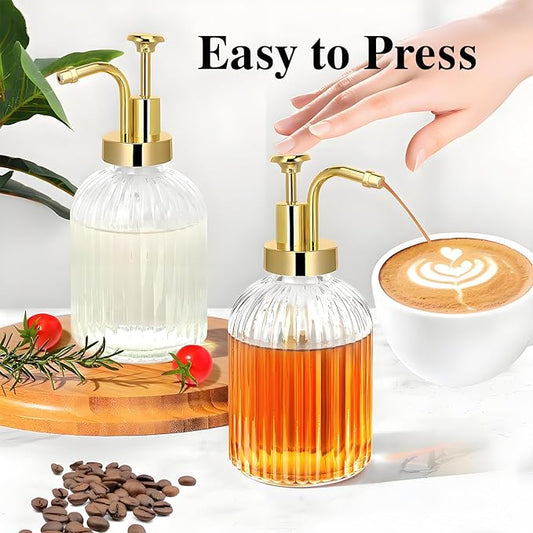 Glass Coffee Syrup Dispenser 10oz, Syrup Bottles with Ribbed Design, Gold Syrup Pump, Coffee Bar Accessories, Honey Dispenser (2)