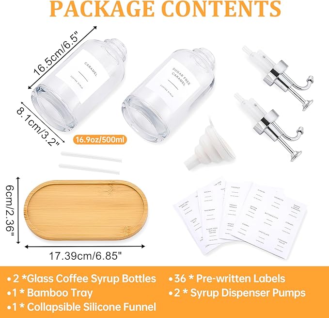 Coffee Syrup Dispenser Coffee Bar Accessories 16.9 oz Syrup Dispenser with Labels, Syrup Pump Dispenser for Coffee Bar(Silver Pump)