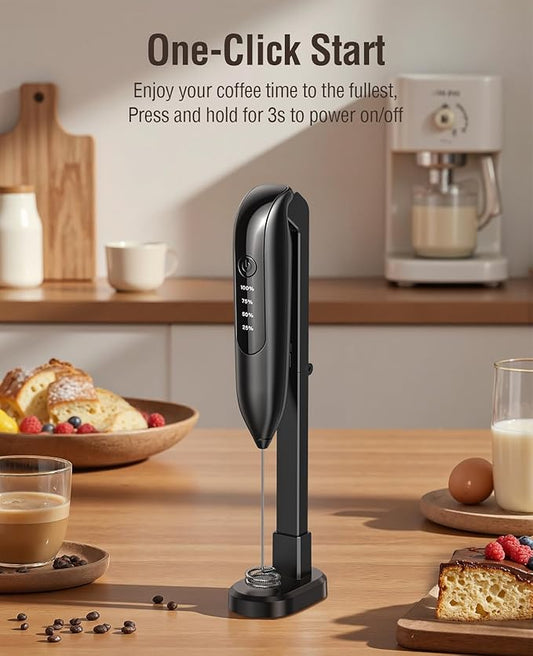 Electric Milk Frother Handheld: Rechargeable 3 in 1 - LED Digital Display with 3 Speeds Portable Stainless Steel Drink Foam Mixer for Milk Coffee, Lattes, Cappuccino, Matcha - Charcoal Black