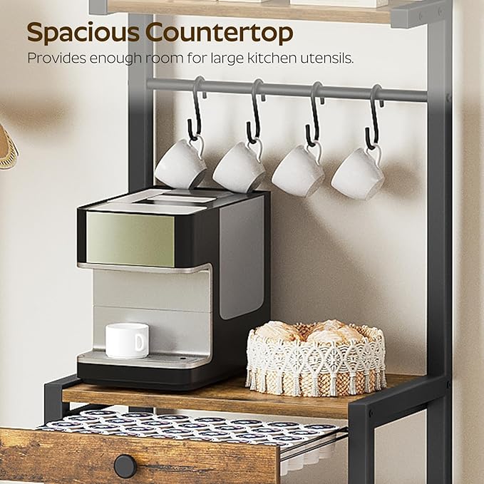 Bakers Rack, 5-Tier Coffee Bar Station, Coffee Stand with Pod Drawer Holder, Versatile Kitchen Storage Rack with 4 Hooks, for Living Room, Cafe Corner, Rustic Brown and Black KF01BRY1