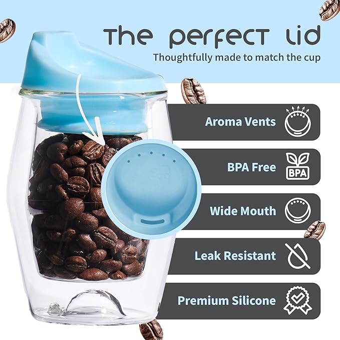 To-Go Espresso Glass Travel Mug with Lid, Reusable Double Wall Glass Tumbler, Fits Most Coffee Makers/Cupholders for Your Car, Gifts for Coffee Lovers 3-Pack Black, White & Blue Cortado Cups
