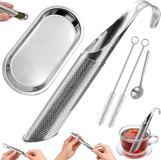 Stainless Steel Tea Infuser for Loose Leaf Tea – Reusable Tea Strainer with Long Handle, Cleaning Brush Drip Tray & Mini Spoon – Perfect for Single Cup Brewing at Home, Office, or Travel